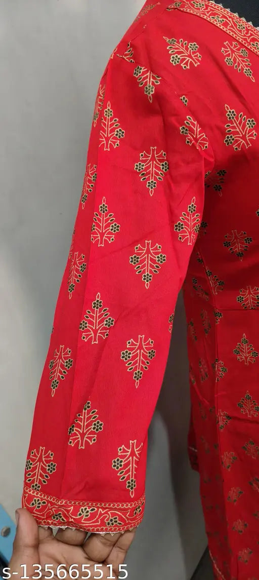 Red rayon anarkali kurti with gold printed dupatta set