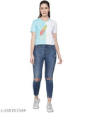 Light sky blue colorblocked cotton T-shirt for ladies with short sleeves and round neck, graphical print, suitable for various occasions and all body types. Made in India