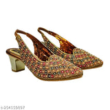 Synthetic golden heels sandal with embellished backstrap, perfect for stylish and comfortable women's wear. Sizes: IND-5, IND-6, IND-7, IND-8, IND-9, IND-10. Made in India