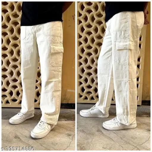 Men's cream relaxed fit solid cargo jeans, denim workwear for casual wear (waist size 26 & 28)