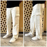 Men's cream relaxed fit solid cargo jeans, denim workwear for casual wear (waist size 26 & 28)