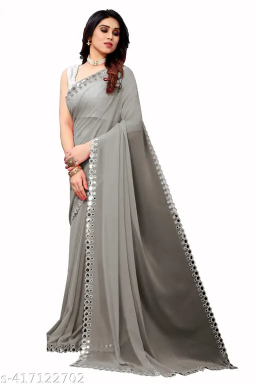 Grey georgette cut work saree with ari work