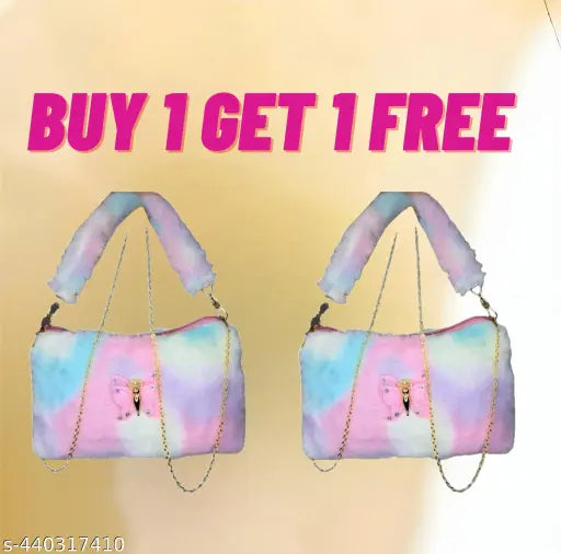 Pink and blue sling bag combo, featuring a mini handbag, fur lining, butterfly mobile pouch