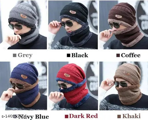 Brown unisex wool beanie cap, neck muffler scarf set for men and women