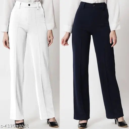 Women's high-waisted, blue chino pants with button closure