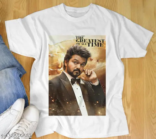 Polycotton Vijay Thalapathi men's trendy t-shirts, half sleeves, round neck, printed design. Indian branded fashion for modern men