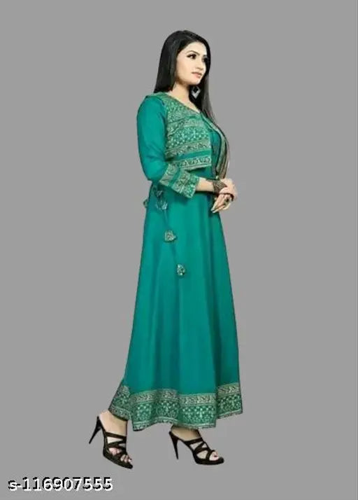 Rama green rayon Anarkali kurti with lace border, three-quarter sleeves for attractive party wear