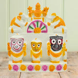 Marble sculpture of Lord Jagannath, Balaram, and Subhadra for spiritual home decor - Handcrafted Indian murti set of divine grace