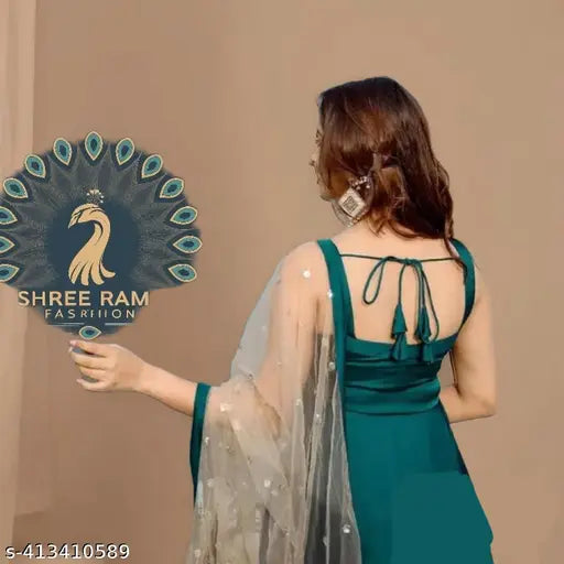 Art Silk green women's gowns with dupatta set, cream color dupatta, Indian origin
