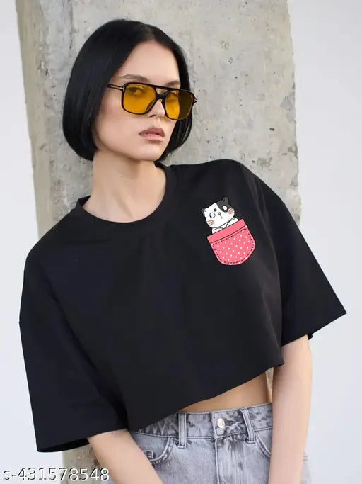 Black printed polka cat half sleeve cropped T-shirt, cotton, short sleeves, round neck, drop shoulder, casual summer wear for women and girls