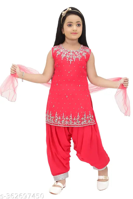 Red Georgette Embellished Patiyala Salwar Kurti Set for Girls, handcrafted with mirror and stone work