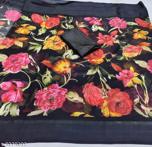 Colorful floral embroidery on a satin saree