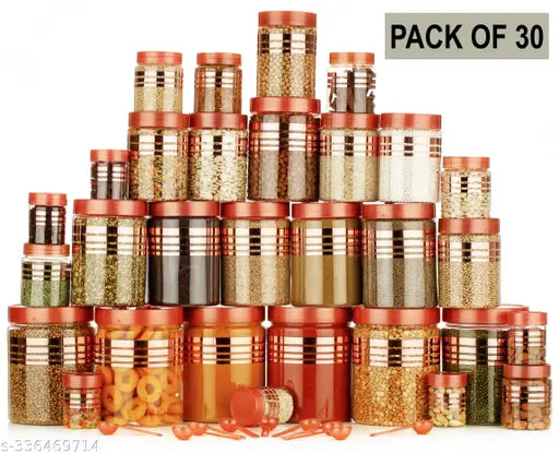 Airtight kitchen storage containers set with 30 pieces, containing 6 units each of 250ml, 350ml, 650ml, and 1200ml, packed in a clear plastic container