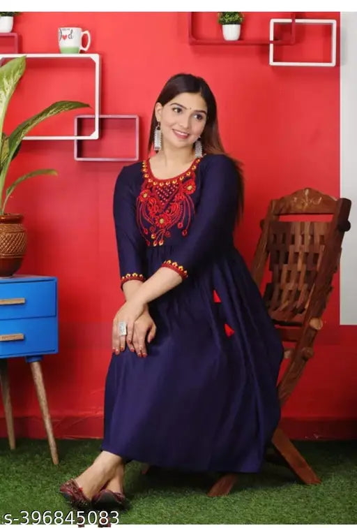 Navy blue rayon embroidery women's and girls' formal dress gown with full skirt