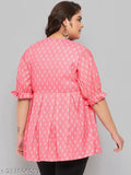 Plus size women's printed slub rayon pink top XL-5XL, comfortable and stylish Indo western attire with puff sleeves and round neck