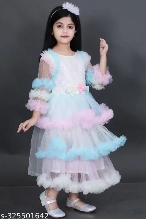 White and pink tulle ruffle dress, girls' formal wear