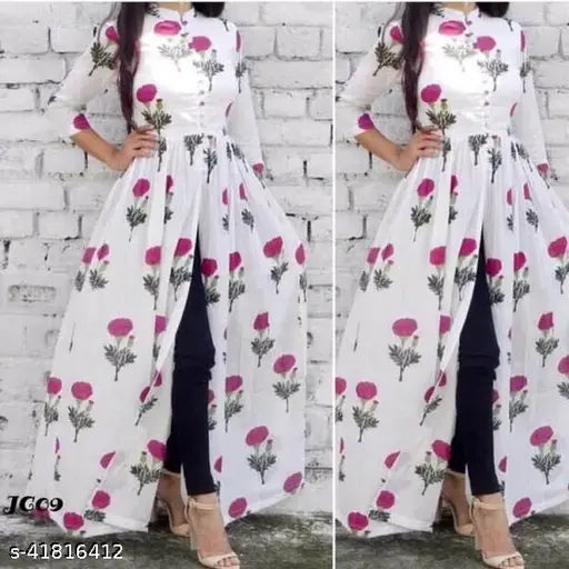 Printed rayon front cut kurta with three-quarter sleeves, vibrant Indian design in XL, XXL, XXXL, 4XL, 5XL, 6XL sizes