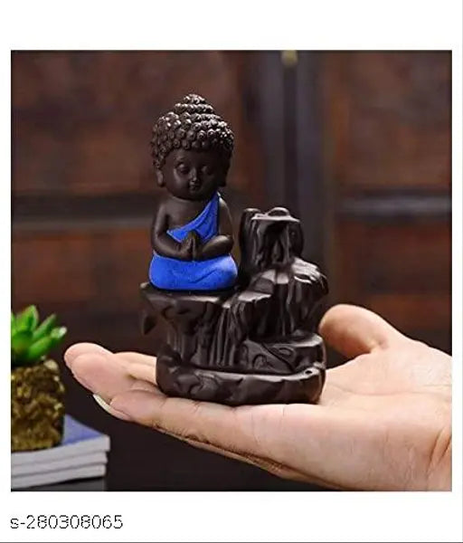 Polyresin blue baby monk Buddha incense fountain with 10 free smoke cones for home decor, multicolor