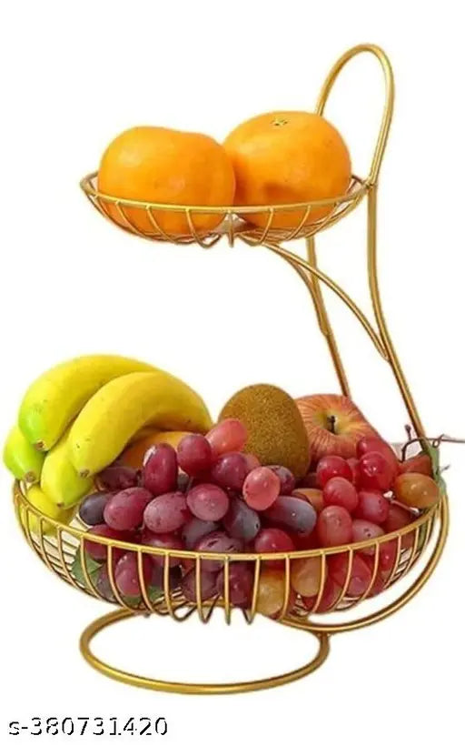 Handmade steel countertop fruit and vegetable basket with a gold finish, tiered design for easy access