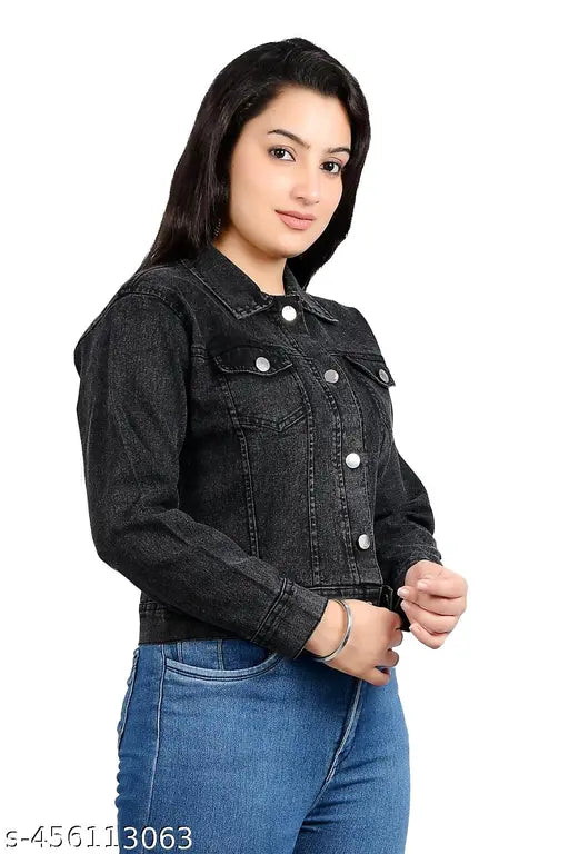 Solid black denim jacket for women, long sleeves, size chart included