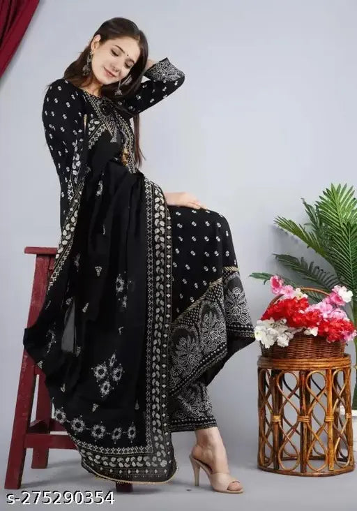 Rayon printed Anarkali Kurta set with palazzos and dupatta, vibrant Indian women's fashion for M & XXL sizes