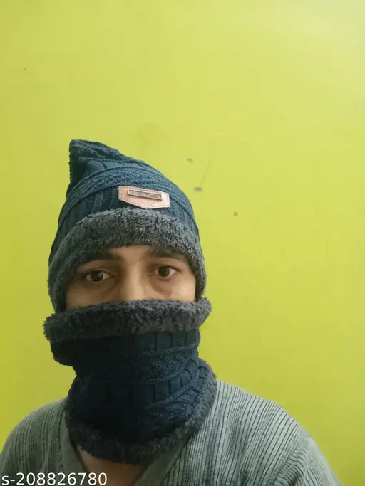 Black wool beanie cap hat with faux fur lining & muffler scarf - winter knit fleece, unisex style