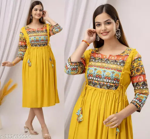 Rayon Anarkali kurti with three-quarter sleeves, solid pattern, available in multiple sizes from S to 5XL. Indian traditional women's clothing on mannequin