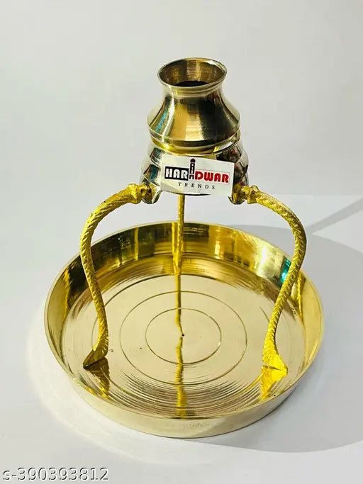 Brass Pooja plate thali with Shivling stand tripai and abhishek kalash lota for Shiv Pooja - brass pooja plate thali, Shivalingam stand, puja bhog thali without Shivling - 12cm x 14cm x 12cm, India origin