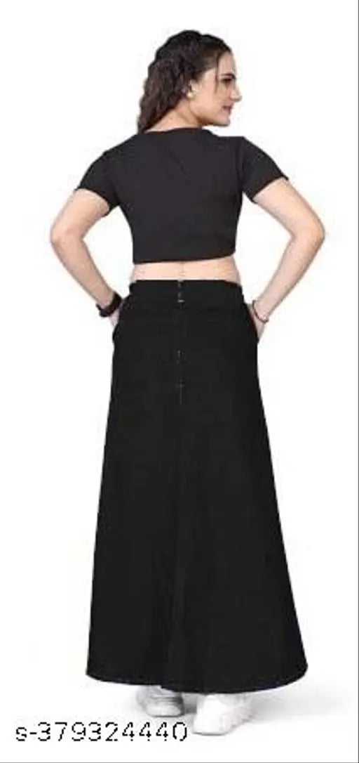 Black denim A-line maxi skirt, five buttons, perfect fit for women, lightweight and breathable, washable at home