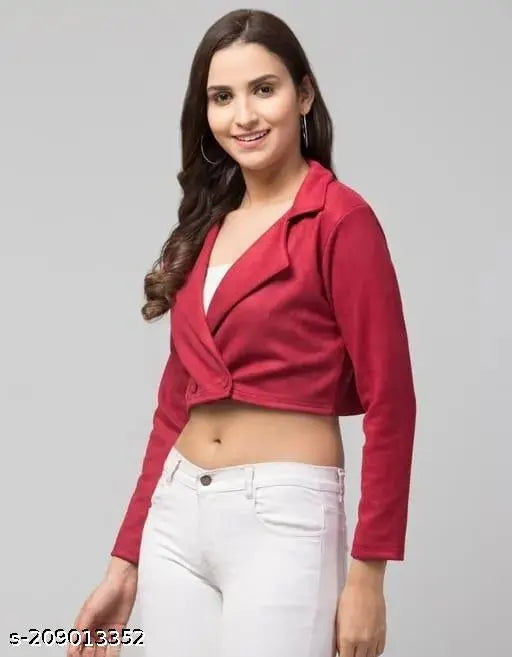 Solid Suede Double-Breasted Casual Jacket for Women, XS (33in bust, 17in length), quality Indian-made