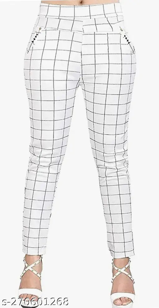 Stylish white and blue checked Lycra jeggings combo for women's/girls, two-pack with double pockets and stretchable design for comfort. Sizes available from 24-32 (24in waist, 40in length). Made in India
