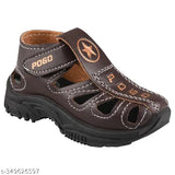 Brown leather kids' sandals with adjustable straps and design on top