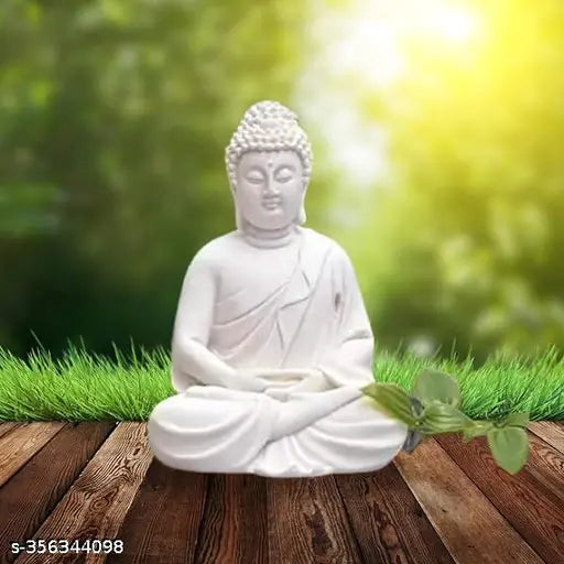 Handcrafted white PMR meditation Gautam Buddha figurine in orange resin, 5.5-inch tall statue for decorative Fengshui or showpiece, premium rare polymarble item for tranquil ambiance