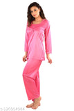 Coral pink satin square neck full sleeve pyjama set, soft and smooth for comfortable sleepwear
