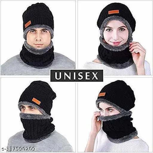 Woven black balaclava cap set with fur lining, pack of 2 for men and women, made in India