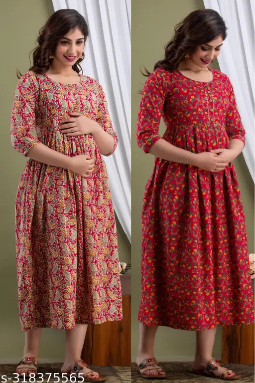 Womens pure cotton maternity gown with both side zips, feeding dress with adjustable pregnancy gown - combo pack of 2 pieces