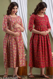 Womens pure cotton maternity gown with both side zips, feeding dress with adjustable pregnancy gown - combo pack of 2 pieces