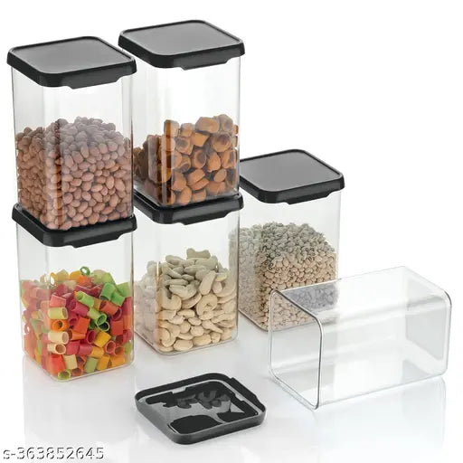 Black airtight square plastic kitchen storage containers set, 1100ml, pack of 12