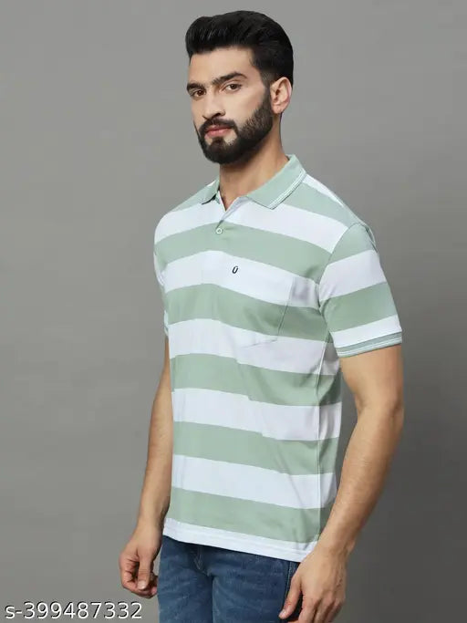 Unisex cotton blend polo collar striper t-shirt, India origin, with short sleeves and chest pocket