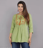Embroidered rayon top for women & girls, three-quarter sleeves, Indian embroidery design on soft color palette