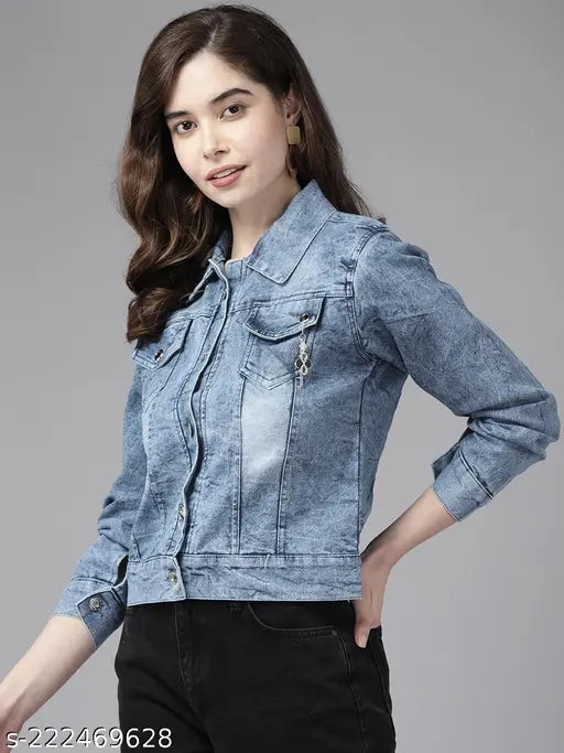 Blue denim solid jacket, long sleeves, women's Aarika jacket, denim fabric
