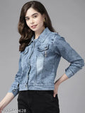 Blue denim solid jacket, long sleeves, Aarika women's denim from India