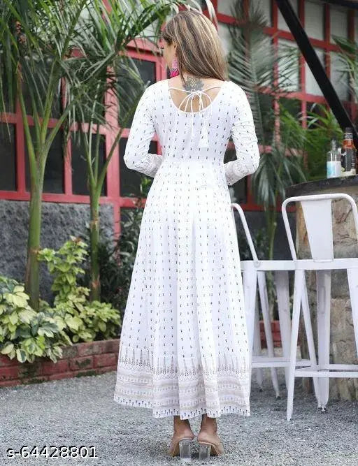Rayon printed long-sleeve anarkali kurti for women, white and combo print style, perfect for all occasions. (XL: 42in bust, 51in length)