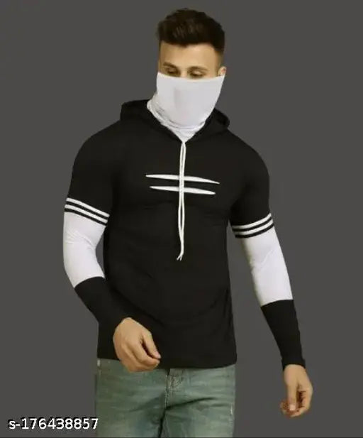 Cotton blend hooded neck, striped partywear mask t-shirt for men - machine washable, moisture-wicking fabric