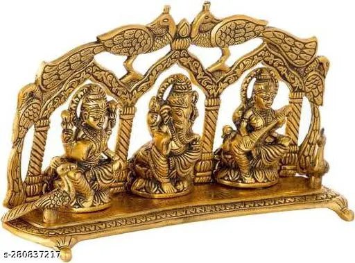 Golden metal Laxmi Ganesh Sarawati Peacock frame, 25*6*15 cm, home/temple/office decor and gifting for luck and happiness