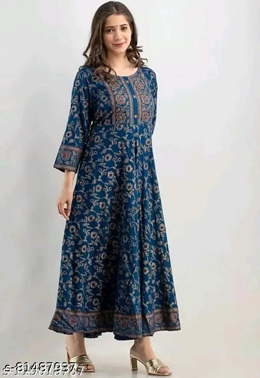 Blue floral print maxi gown, long sleeves, party wear, rayon fabric.
