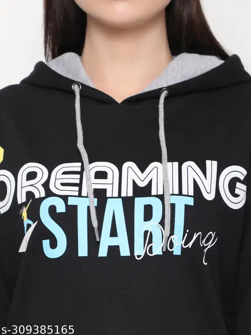 Women's black cotton pullover sweatshirt with typography print and hood, featuring 2 kangaroo pockets