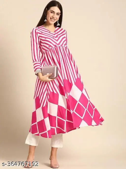Pink printed viscose rayon anarkali kurta with three-quarter sleeves, Indian traditional women's clothing for SMLXL sizes