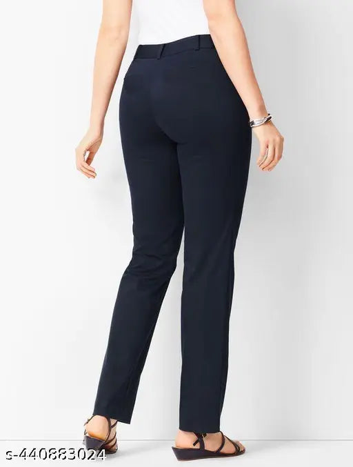 Dark navy blue cotton straight-cut formal trousers for women