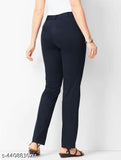 Dark navy blue cotton straight-cut formal trousers for women